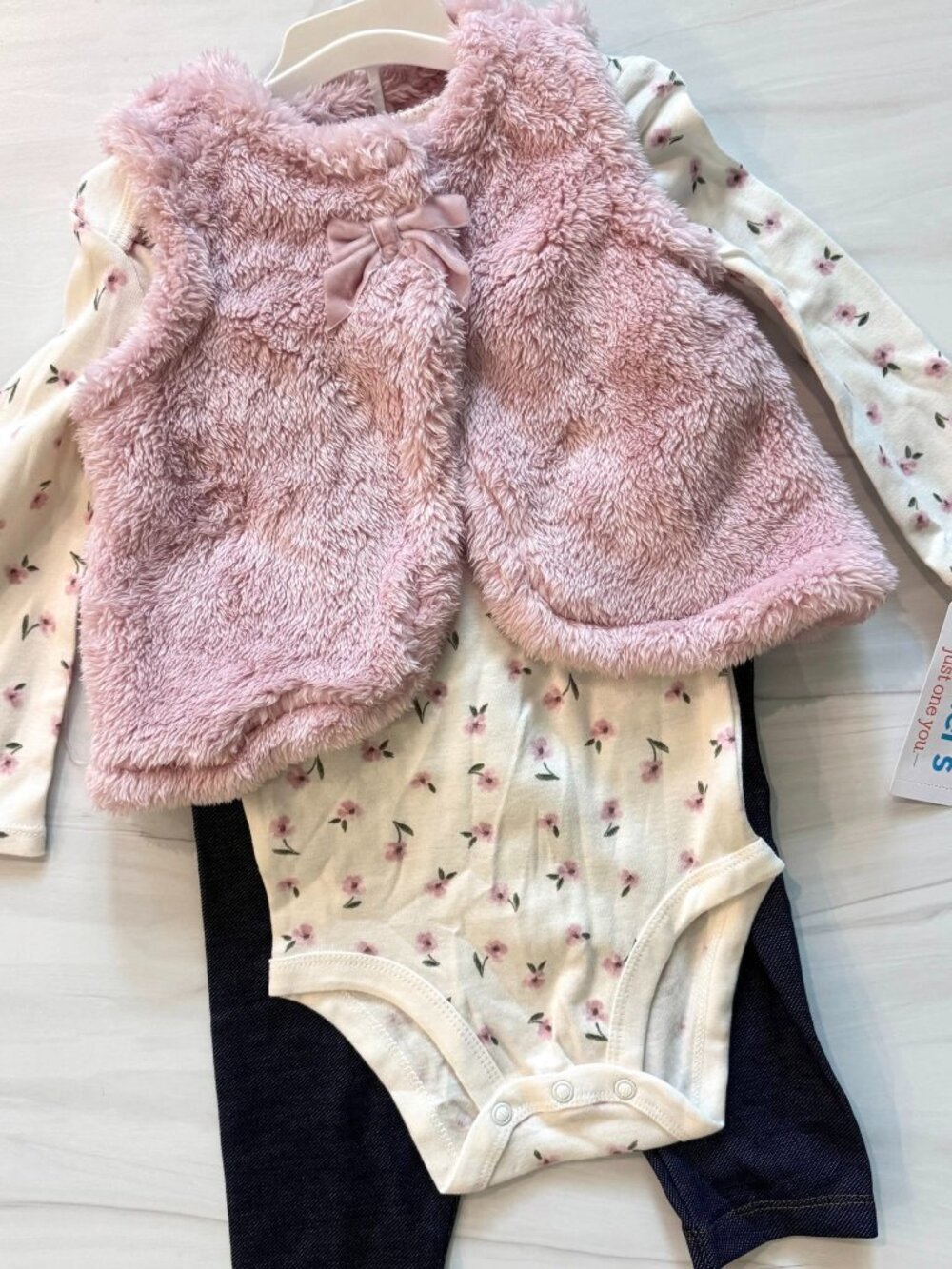 NWT Carter's Girls 3-Piece Set with Onesie, Pants & Fuzzy Pink Vest